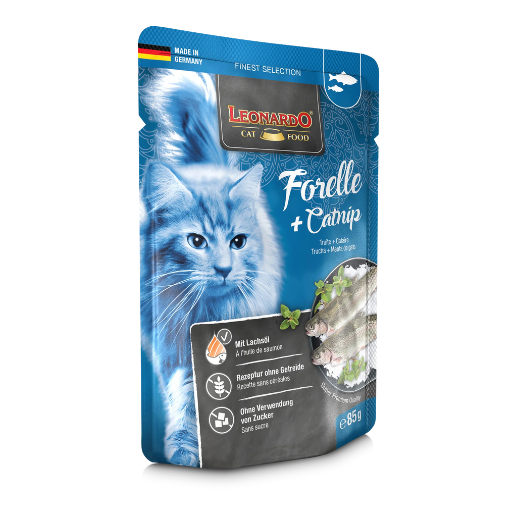 LEONARDO Trota + Catnip Ricco di acidi grassi Omega-3 Con irresistibile erba gatta - 85 gr