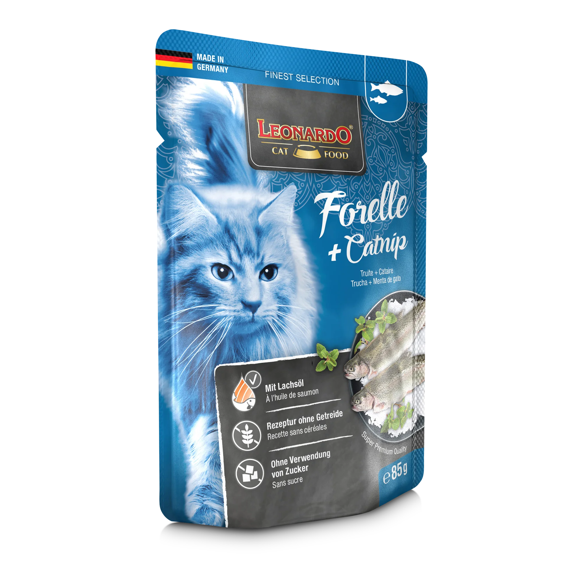 LEONARDO Trota + Catnip Ricco di acidi grassi Omega-3 Con irresistibile erba gatta - 85 gr