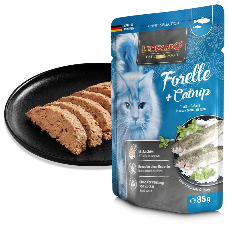 LEONARDO Trota + Catnip Ricco di acidi grassi Omega-3 Con irresistibile erba gatta - 85 gr
