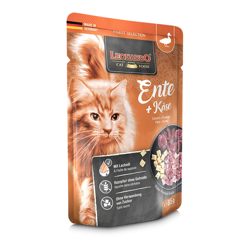 LEONARDO Anatra + formaggio Ricco di anatra e pollo a basso contenuto di grassi Con cubetti di formaggio saporito - 85 gr