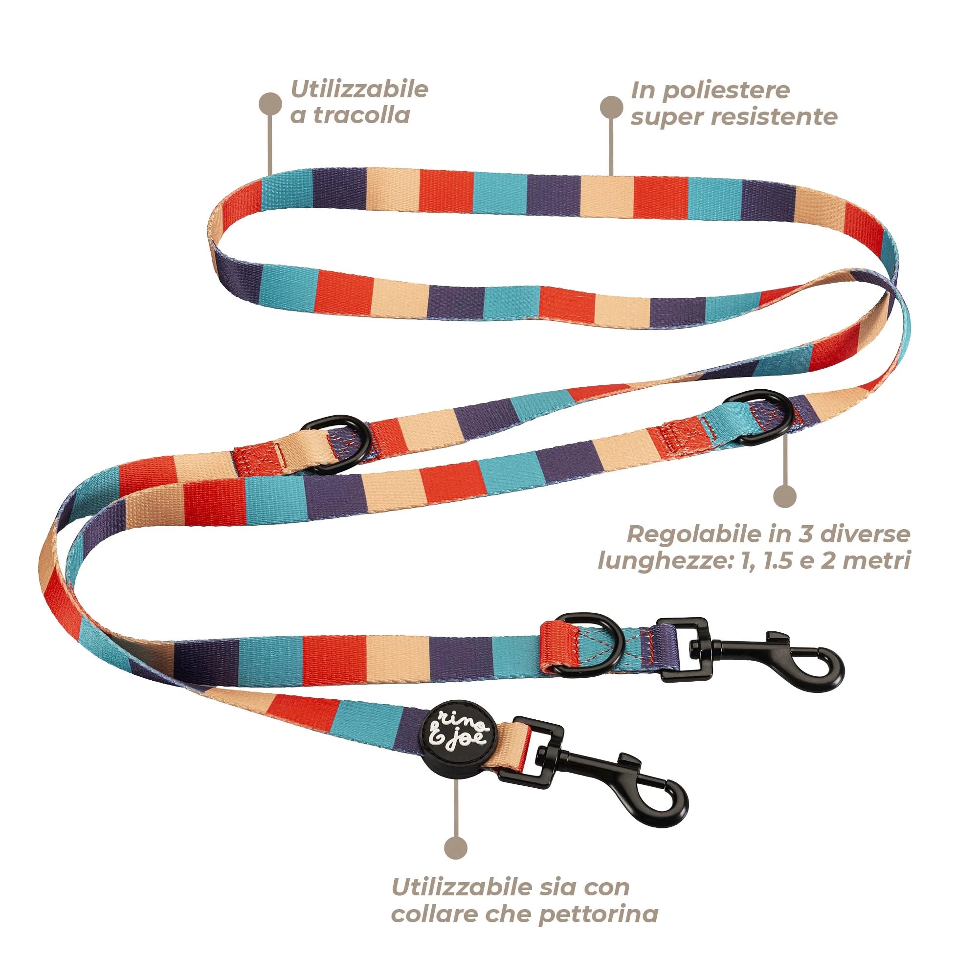 Guinzaglio 2 Metri Multiposizione da Addestramento | Righe - Rino & Joe