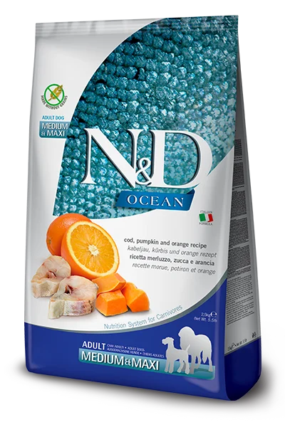 Farmina N&D Ocean Canine - Merluzzo, zucca, arancia - Crocchette Cane Adulto - Taglia Media Grande
