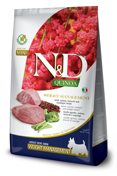 Farmina N&D Weigh Management Mini - Crocchette Cane Adulto - Taglia Piccola - Agnello, quinoa, broccoli e asparagi