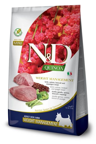 Farmina N&D Weigh Management Mini - Crocchette Cane Adulto - Taglia Piccola - Agnello, quinoa, broccoli e asparagi