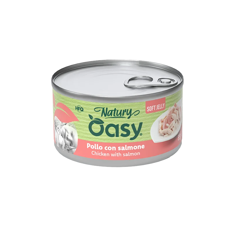 Oasy Natury Soft Jelly - Pollo con salmone - Alimento complementare in gelatina per gatti adulti