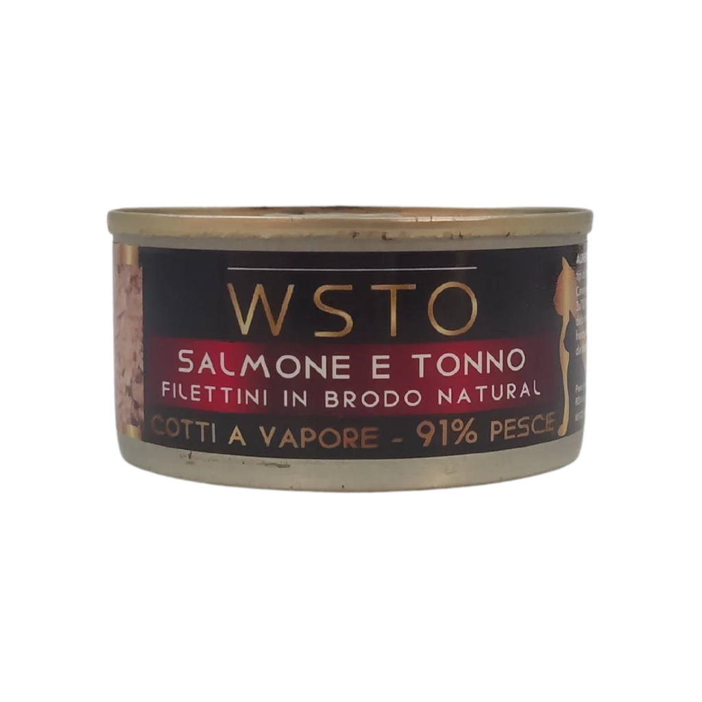 Salmone e Tonno - Filettini in brodo natural - Cotti al vapore - 91% Pesce - 85 g