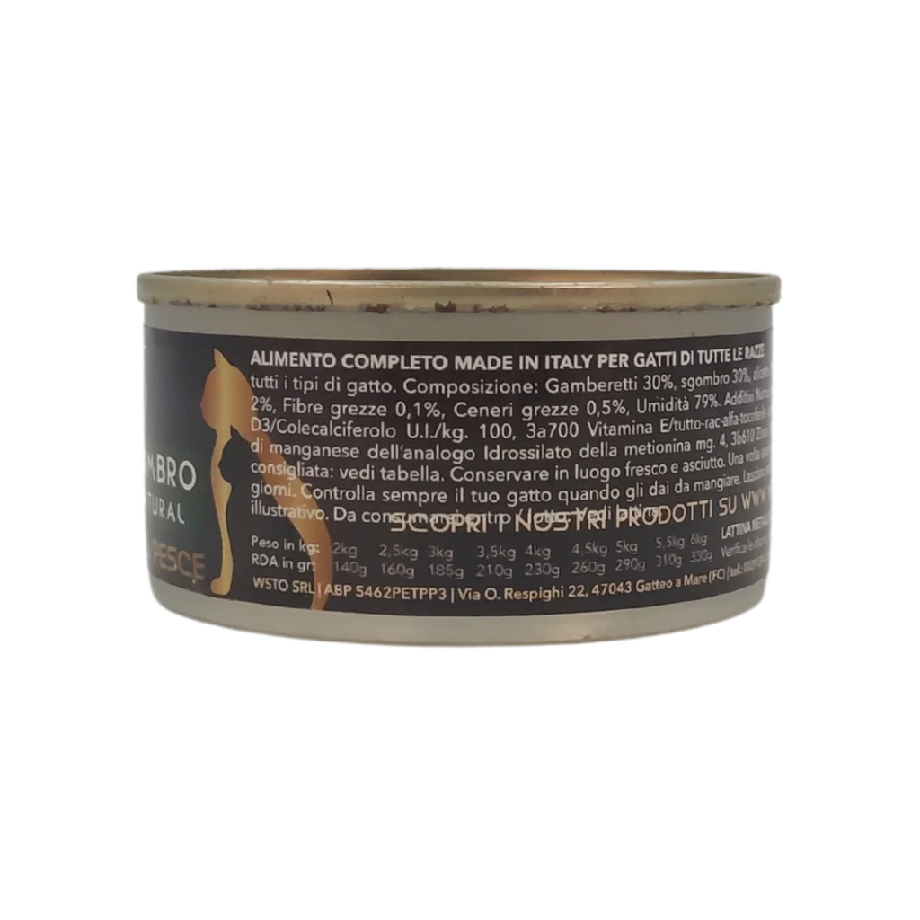 Gamberetti e Sgombro - Filettini in brodo natural - Cotti al vapore - 91% Pesce - 85 g