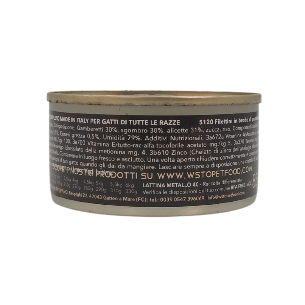 Gamberetti e Sgombro - Filettini in brodo natural - Cotti al vapore - 91% Pesce - 85 g