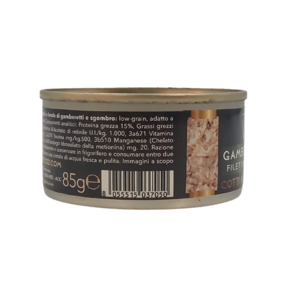 Gamberetti e Sgombro - Filettini in brodo natural - Cotti al vapore - 91% Pesce - 85 g
