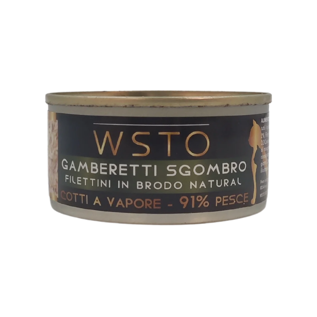 Gamberetti e Sgombro - Filettini in brodo natural - Cotti al vapore - 91% Pesce - 85 g