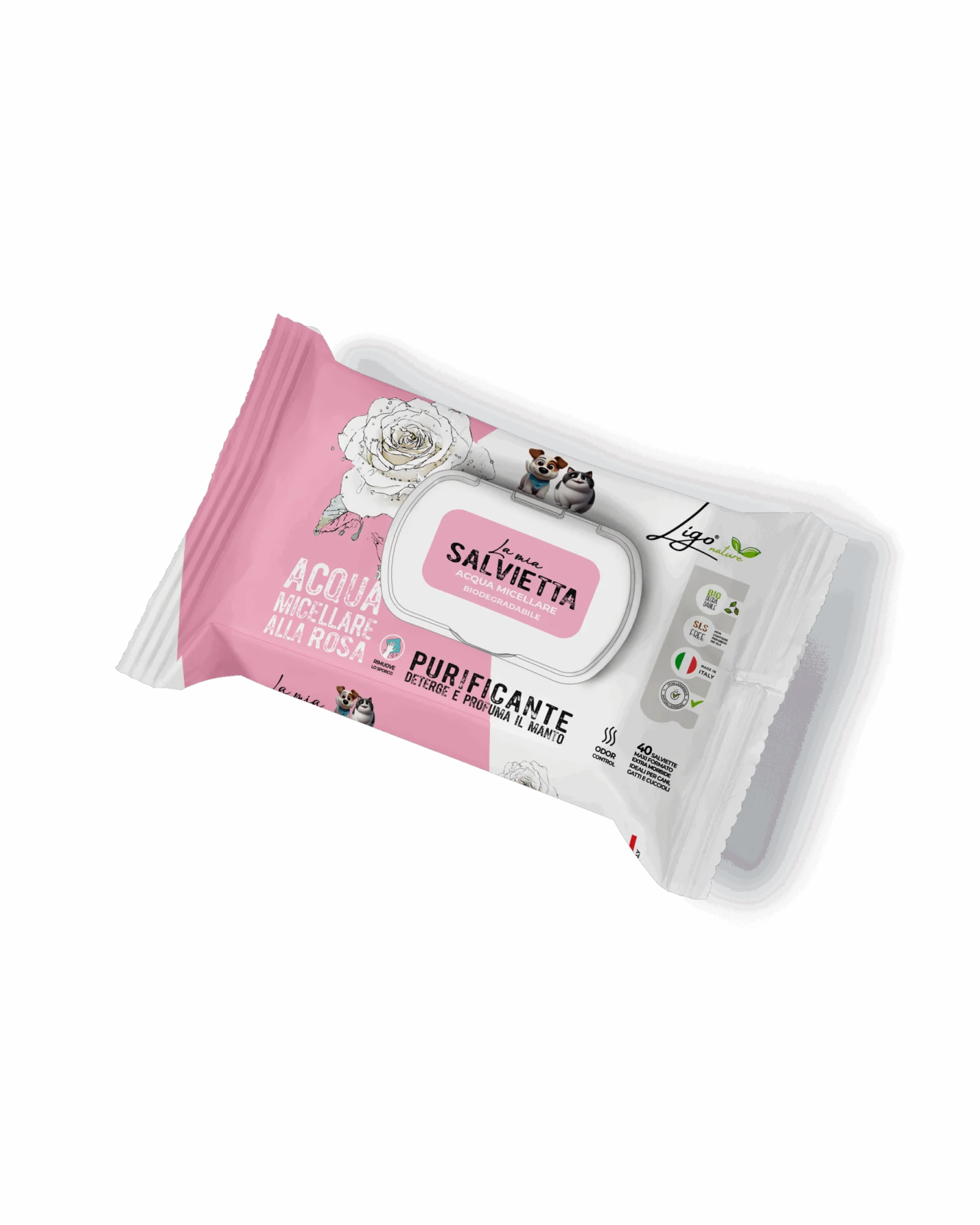 Ligo Nature - Salvietta purificante rosa micellare - per cane e gatto - 40 pz