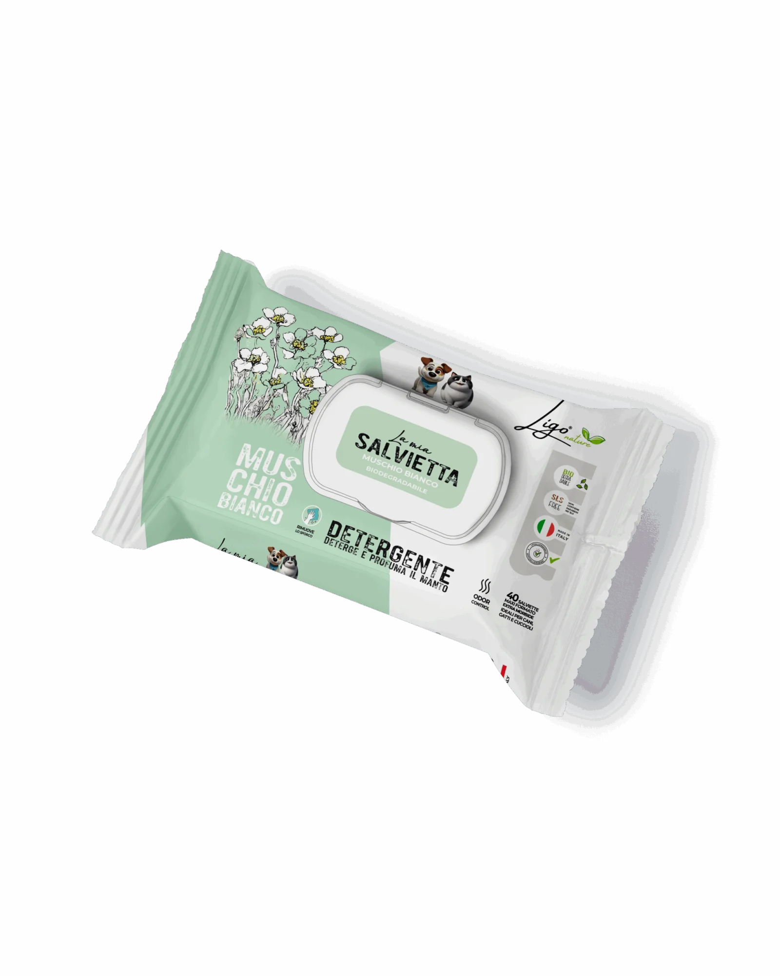 Ligo Nature - Salvietta detergente muschio bianco - per cane e gatto - 40 pz