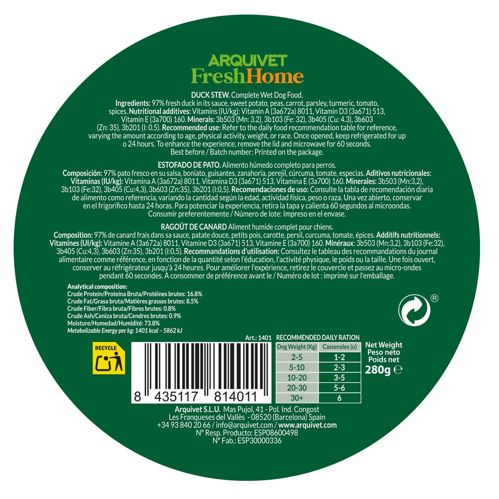 Arquivet FreshHome - Stufato d'Anatra per Cani - Grain Free - 280 gr