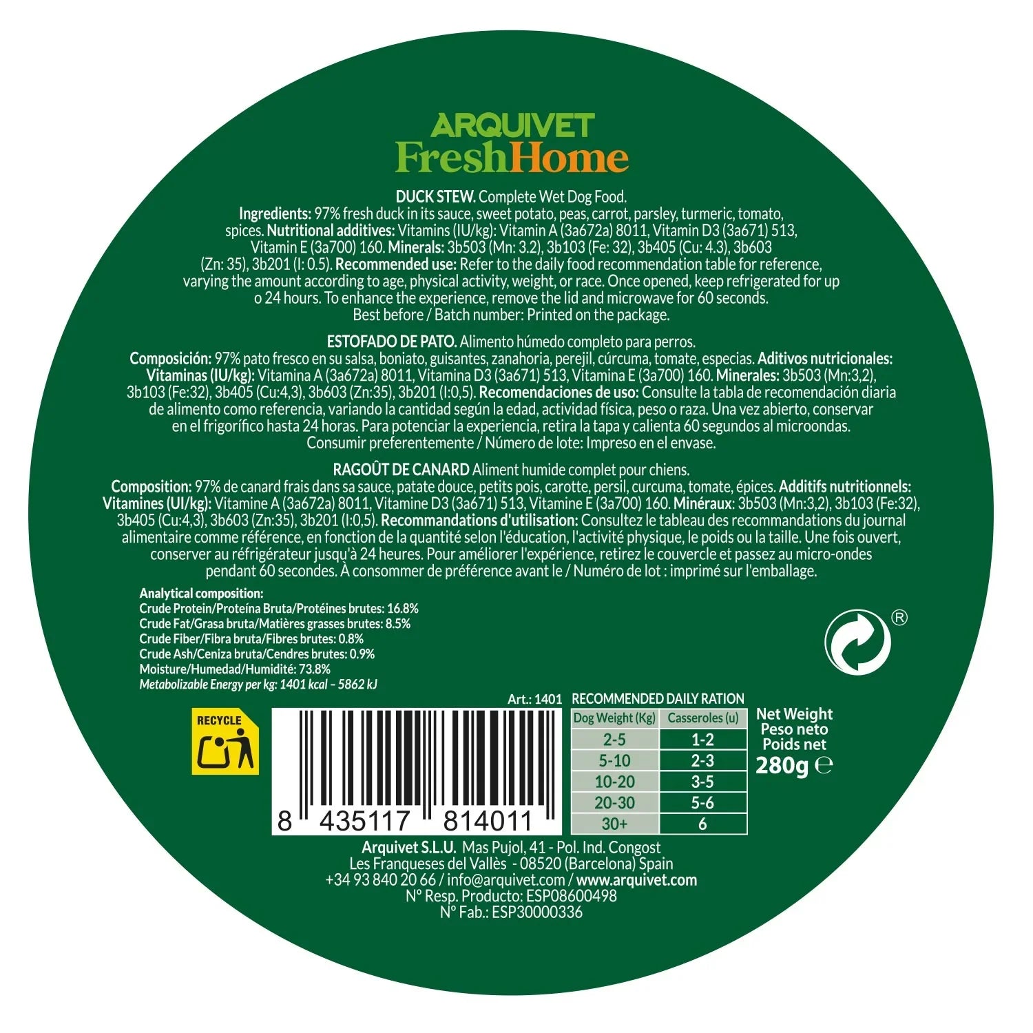Arquivet FreshHome - Stufato d'Anatra per Cani - Grain Free - 280 gr