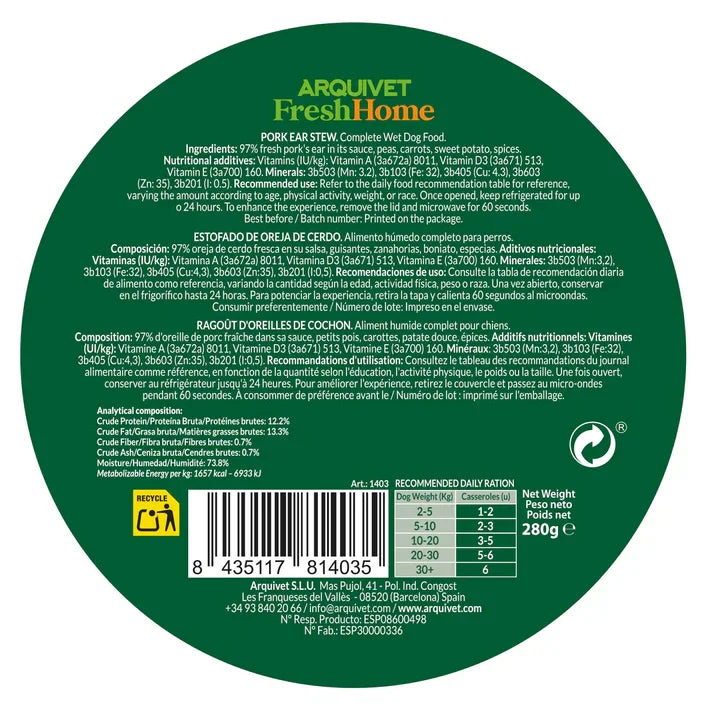 Arquivet FreshHome - Stufato di Orecchie di Maiale per Cani - Grain Free - 280 gr