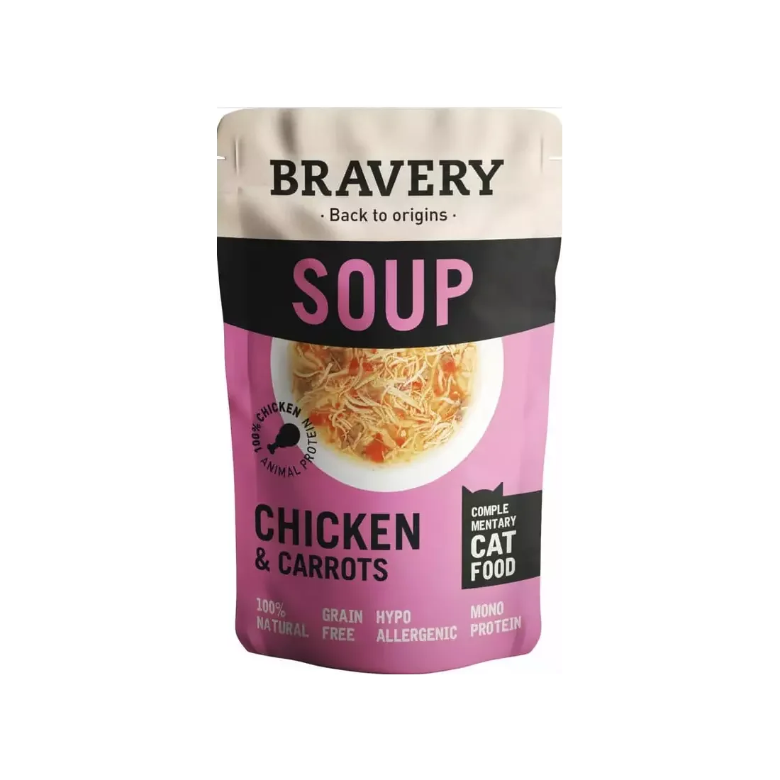 Zuppa di pollo e carote - Alimento completo per Gatti Adulti - 40 g - Bravery