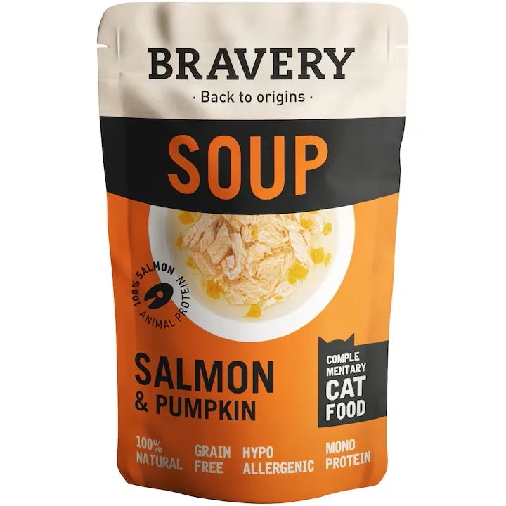 Zuppa di salmone e zucca - Alimento completo per Gatti Adulti - 40 g - Bravery