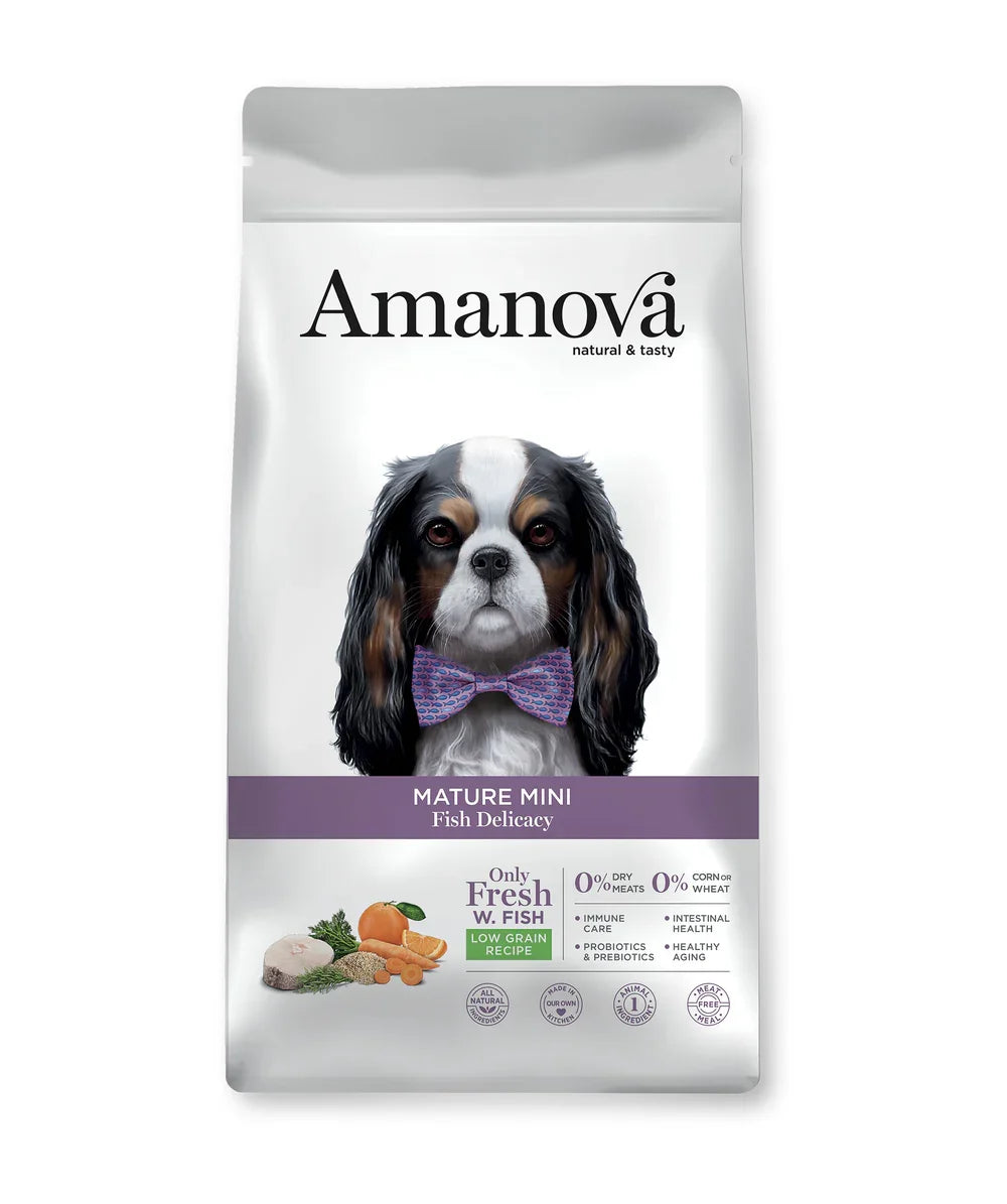 Amanova Mature Mini - Pesce - Crocchette ipoallergeniche per cani Senior di razza piccola - 2 Kg