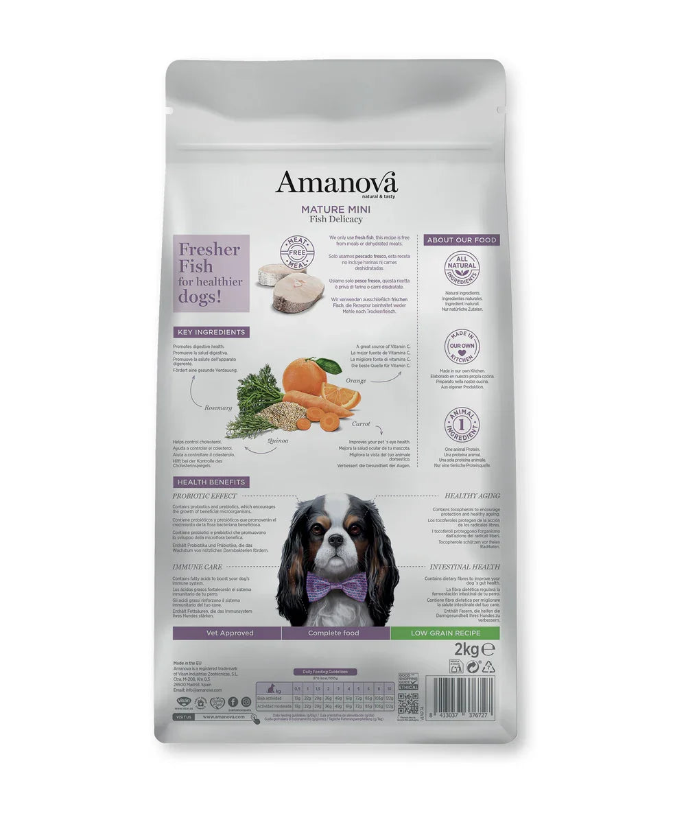 Amanova Mature Mini - Pesce - Crocchette ipoallergeniche per cani Senior di razza piccola - 2 Kg