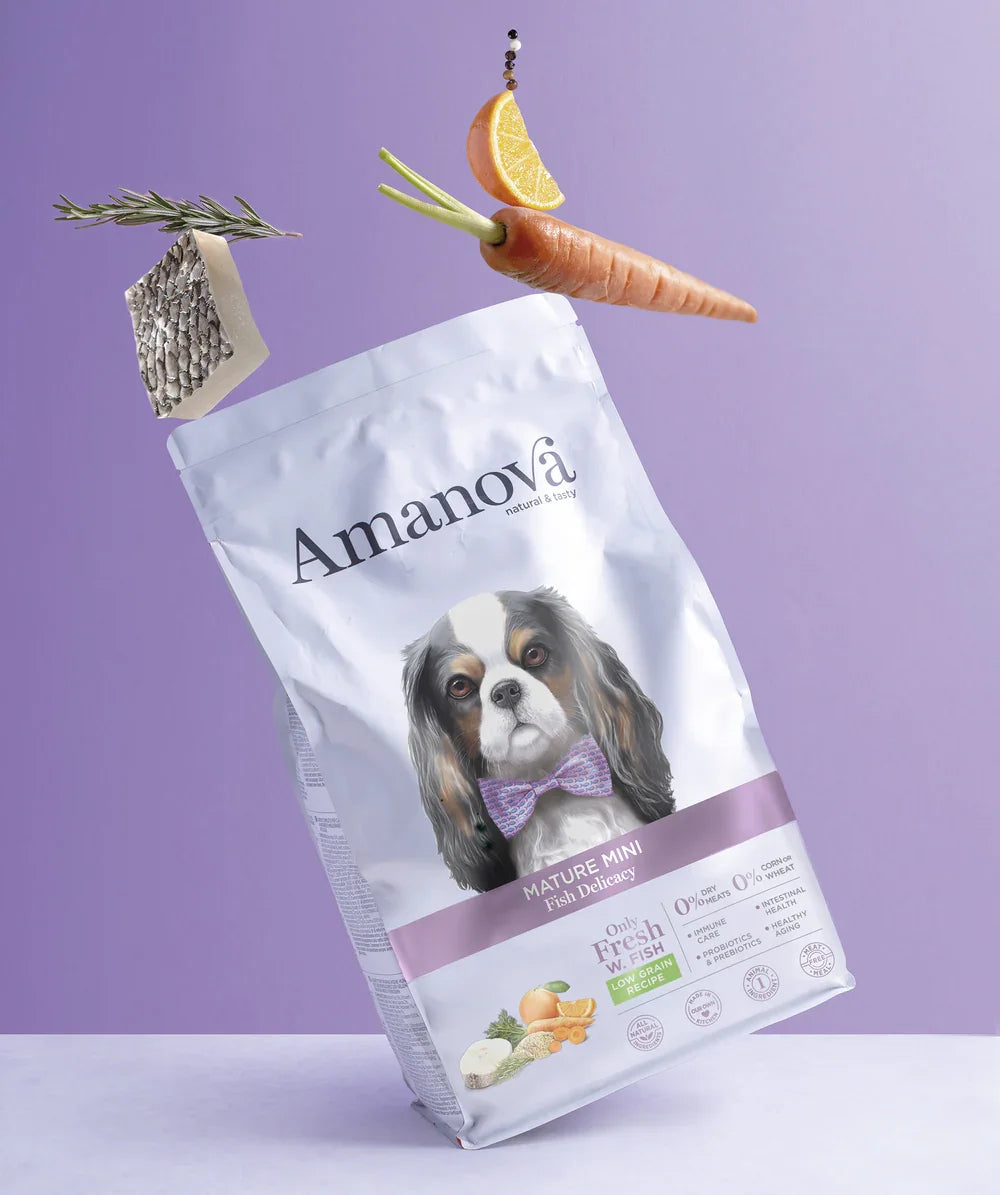 Amanova Mature Mini - Pesce - Crocchette ipoallergeniche per cani Senior di razza piccola - 2 Kg